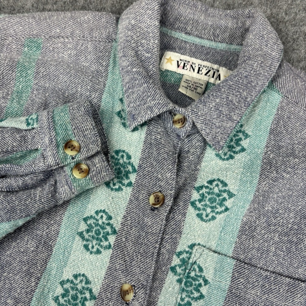 Venezia Shirt Women Xl Gray Green Striped Floral Long Sleeve Button Up Casual